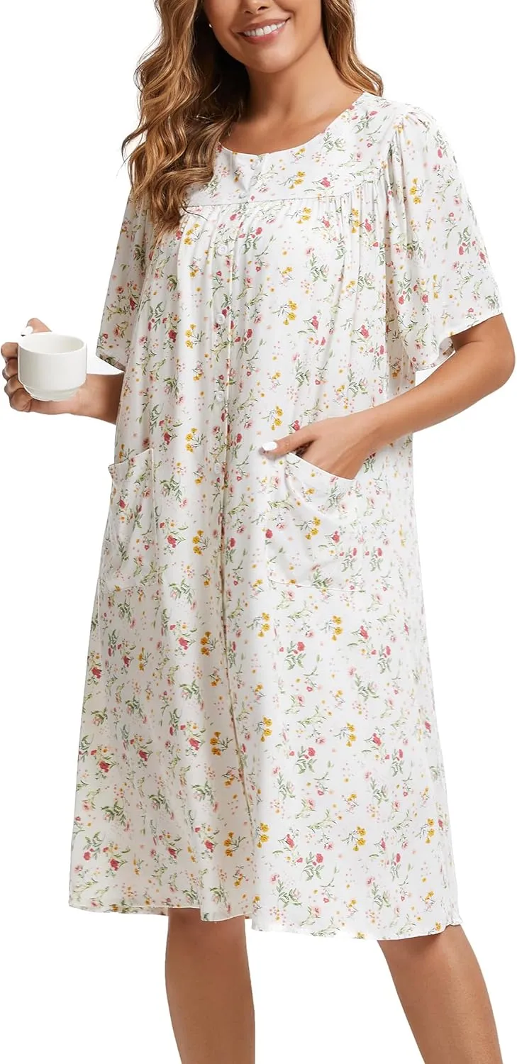 COSUNIONY House Dresses for Women Cotton Short Sleeve House Coat Buttons Down Dusters Robe with Pockets S-XXL