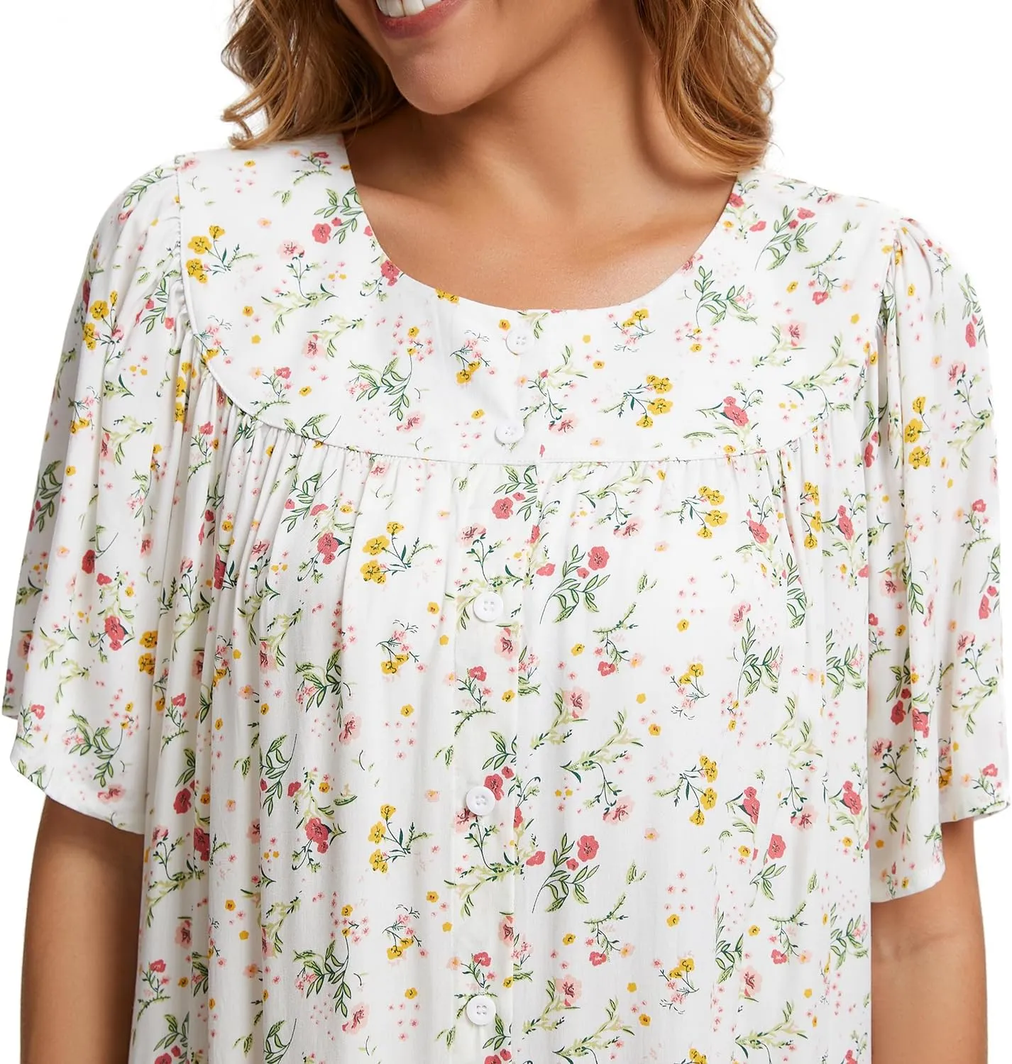 COSUNIONY House Dresses for Women Cotton Short Sleeve House Coat Buttons Down Dusters Robe with Pockets S-XXL