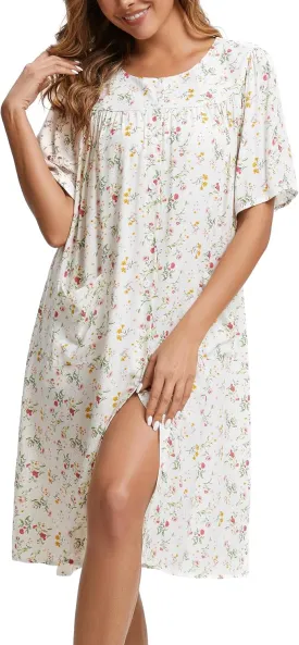 COSUNIONY House Dresses for Women Cotton Short Sleeve House Coat Buttons Down Dusters Robe with Pockets S-XXL