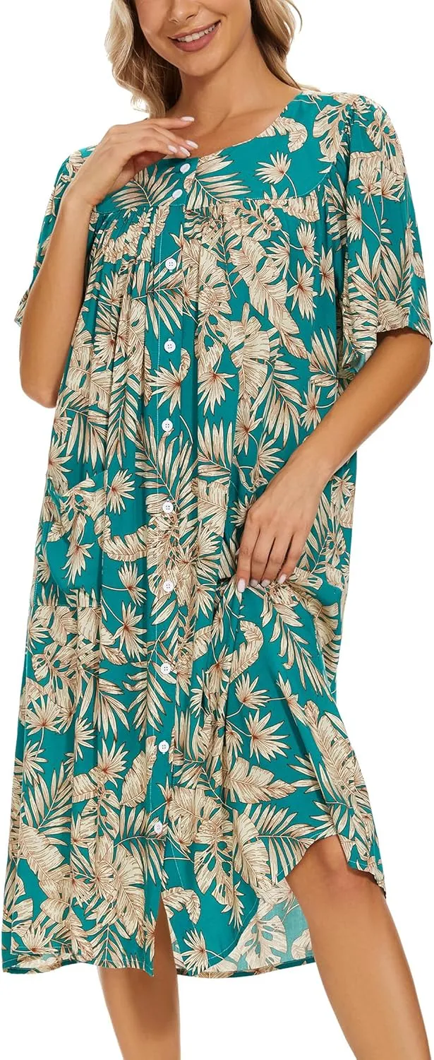 COSUNIONY House Dresses for Women Cotton Short Sleeve House Coat Buttons Down Dusters Robe with Pockets S-XXL