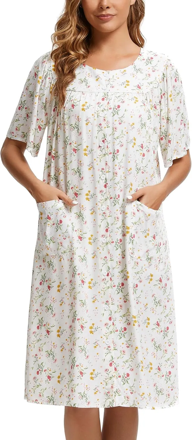 COSUNIONY House Dresses for Women Cotton Short Sleeve House Coat Buttons Down Dusters Robe with Pockets S-XXL