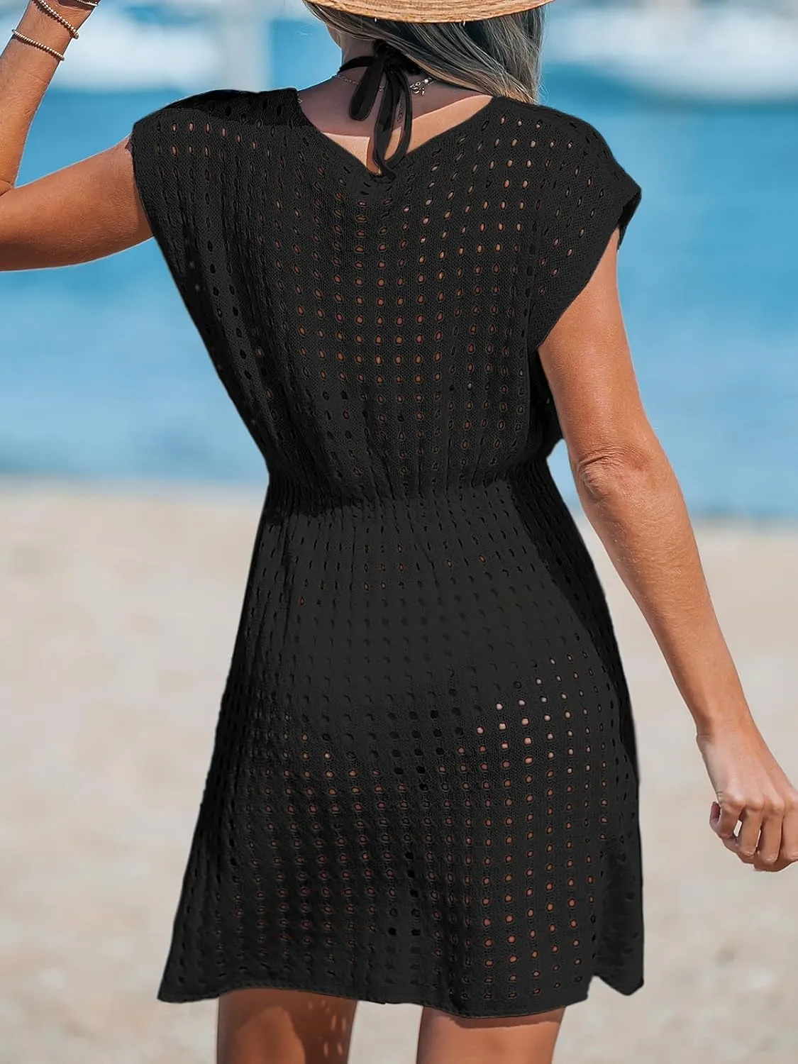 CUPSHE Womens Crochet Swimsuit Coverup Short Sleeve V Neck Mesh Mini Dress Split Casual Knit Beach Cover Ups