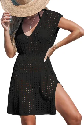 CUPSHE Womens Crochet Swimsuit Coverup Short Sleeve V Neck Mesh Mini Dress Split Casual Knit Beach Cover Ups
