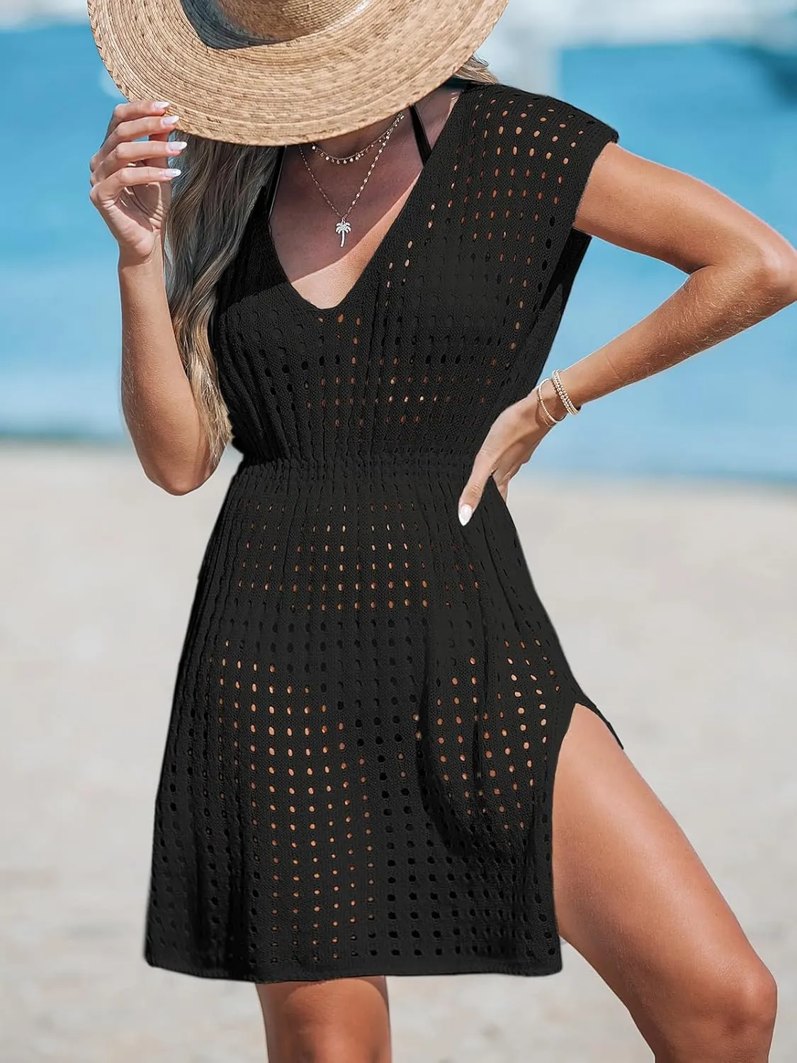 CUPSHE Womens Crochet Swimsuit Coverup Short Sleeve V Neck Mesh Mini Dress Split Casual Knit Beach Cover Ups
