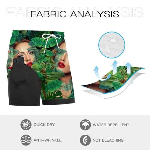 Custom Face Green Plants Men's Quick Dry 2 in 1 Surfing & Beach Shorts Male Gym Fitness Shorts