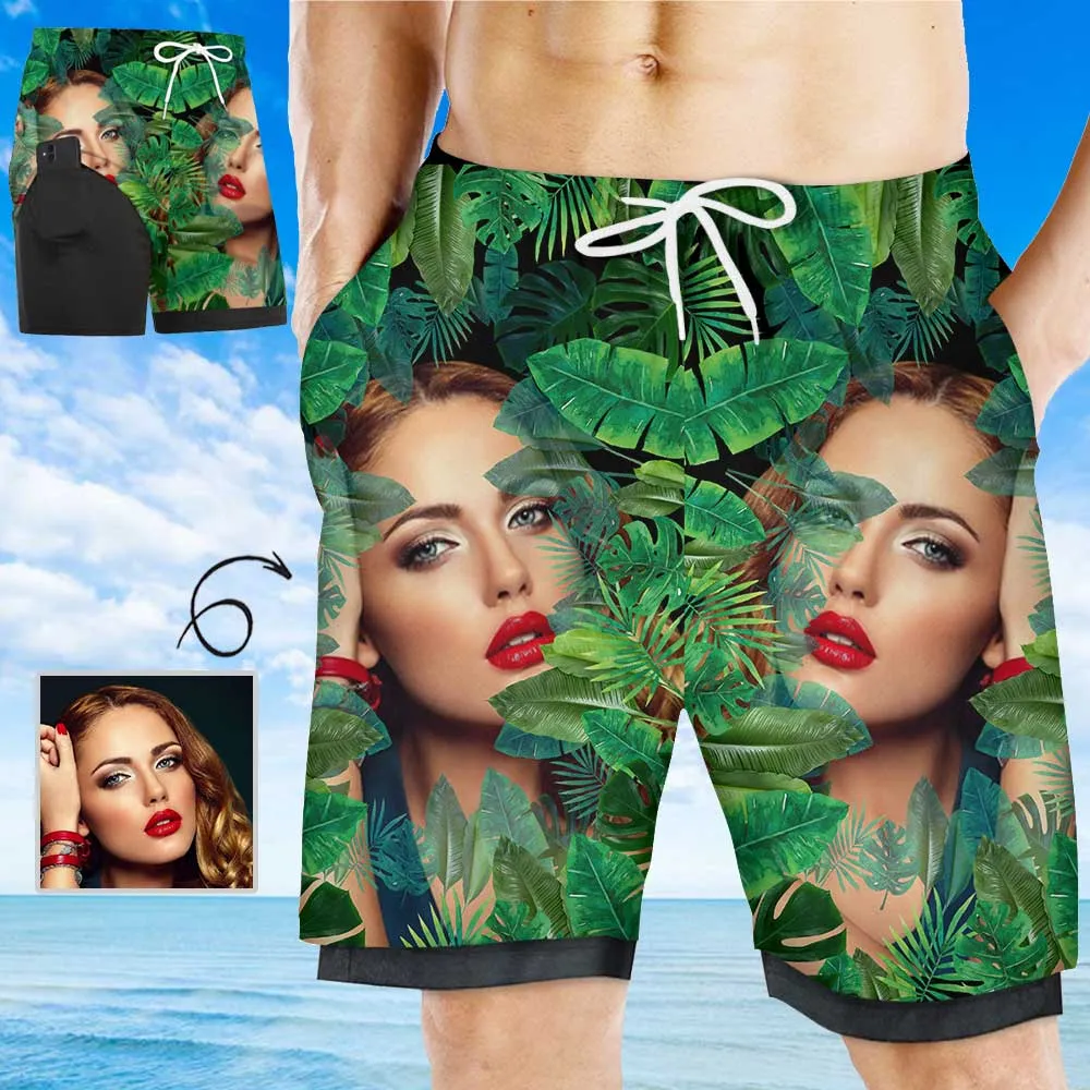 Custom Face Green Plants Men's Quick Dry 2 in 1 Surfing & Beach Shorts Male Gym Fitness Shorts