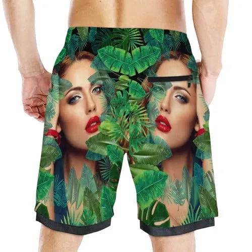 Custom Face Green Plants Men's Quick Dry 2 in 1 Surfing & Beach Shorts Male Gym Fitness Shorts