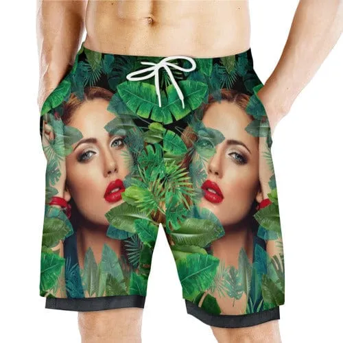 Custom Face Green Plants Men's Quick Dry 2 in 1 Surfing & Beach Shorts Male Gym Fitness Shorts