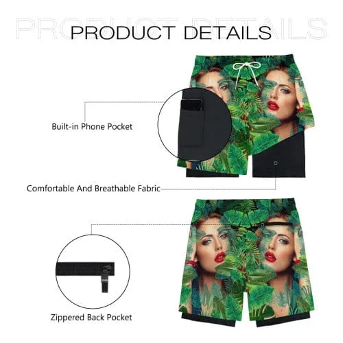 Custom Face Green Plants Men's Quick Dry 2 in 1 Surfing & Beach Shorts Male Gym Fitness Shorts
