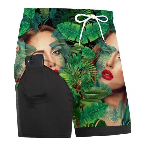 Custom Face Green Plants Men's Quick Dry 2 in 1 Surfing & Beach Shorts Male Gym Fitness Shorts
