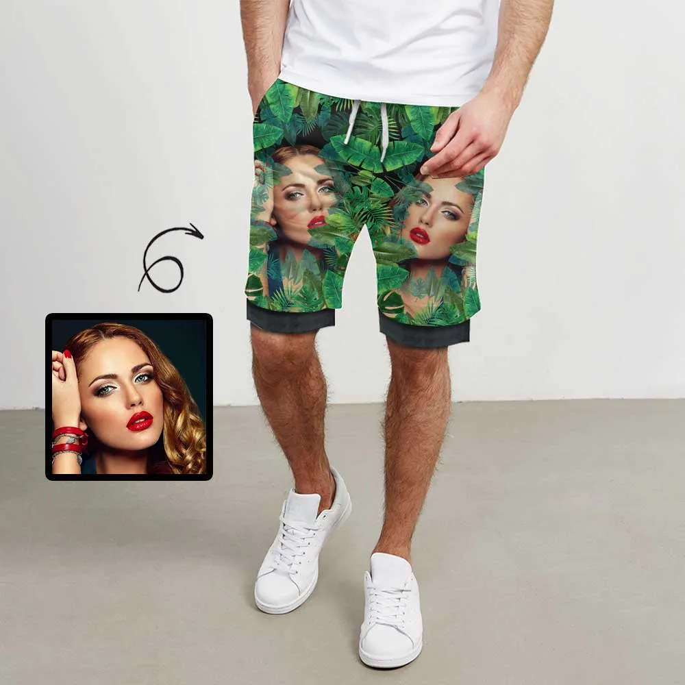 Custom Face Green Plants Men's Quick Dry 2 in 1 Surfing & Beach Shorts Male Gym Fitness Shorts
