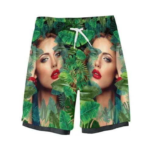 Custom Face Green Plants Men's Quick Dry 2 in 1 Surfing & Beach Shorts Male Gym Fitness Shorts