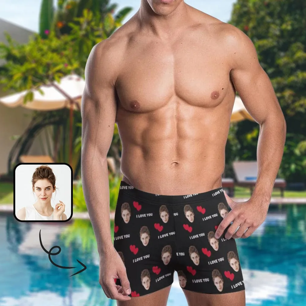 Custom Face I Love You Men's Athletic Swim Jammers Quick Dry Waterproof Compression Square Leg Swim Briefs Swimsuit
