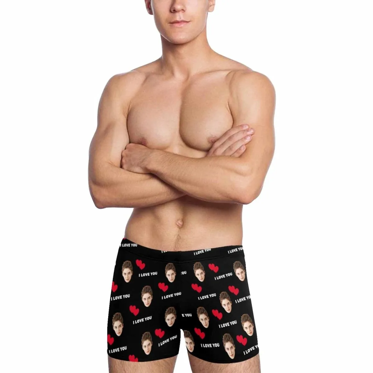 Custom Face I Love You Men's Athletic Swim Jammers Quick Dry Waterproof Compression Square Leg Swim Briefs Swimsuit
