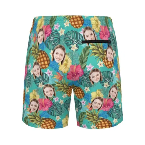 Custom Face Pineapple Green Leaves Men's Quick Dry 2 in 1 Surfing & Beach Shorts Male Gym Fitness Shorts