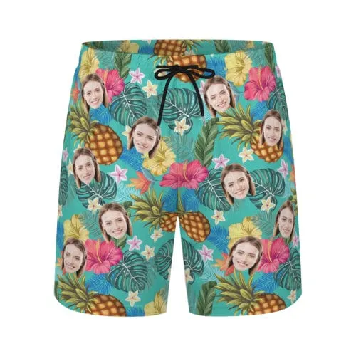 Custom Face Pineapple Green Leaves Men's Quick Dry 2 in 1 Surfing & Beach Shorts Male Gym Fitness Shorts