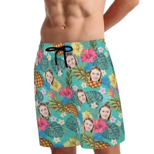 Custom Face Pineapple Green Leaves Men's Quick Dry 2 in 1 Surfing & Beach Shorts Male Gym Fitness Shorts