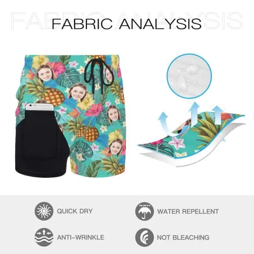 Custom Face Pineapple Green Leaves Men's Quick Dry 2 in 1 Surfing & Beach Shorts Male Gym Fitness Shorts