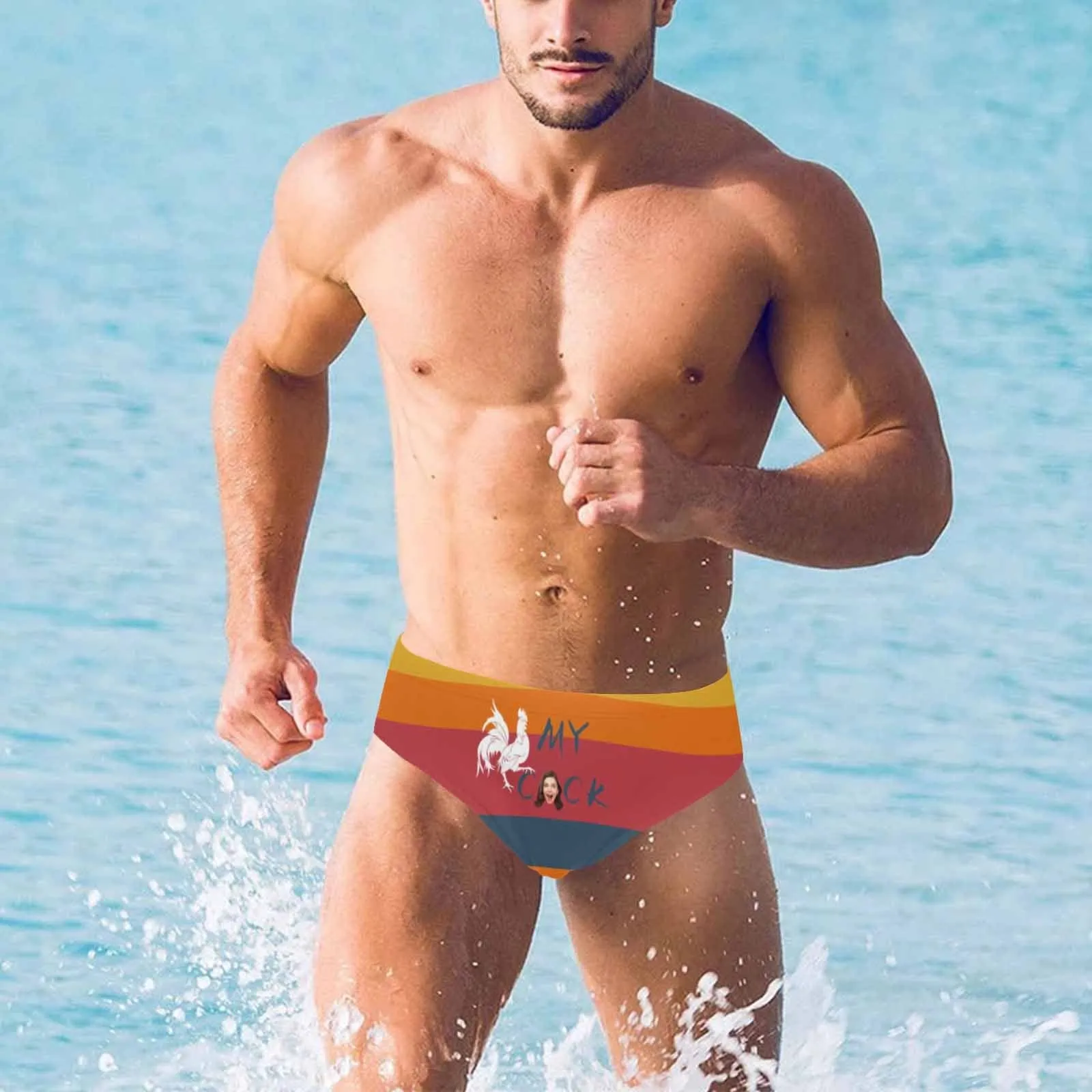 Custom Funny Swim Shorts with Custom Face Design My Cock & Stripes Men's Triangle Swim Briefs
