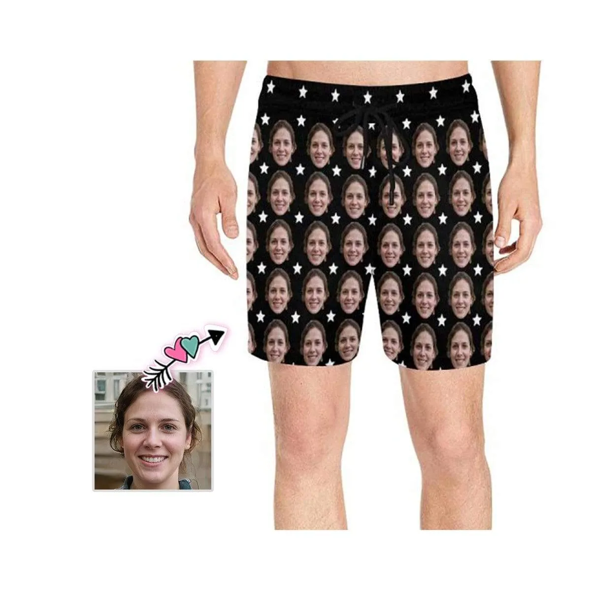 Custom Girlfriend's Face Swimming Trunks Design Row Stars Black Men's Quick Dry Swim Shorts