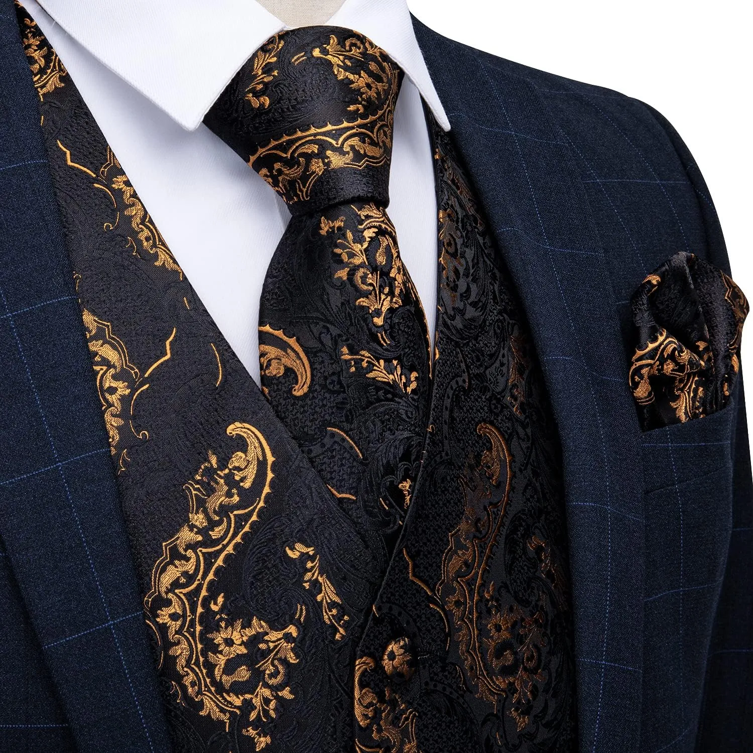 DiBanGu Mens Paisley Suit Waistcoat Silk Dress Vest and Necktie Pocket Square Cufflinks for Wedding Party
