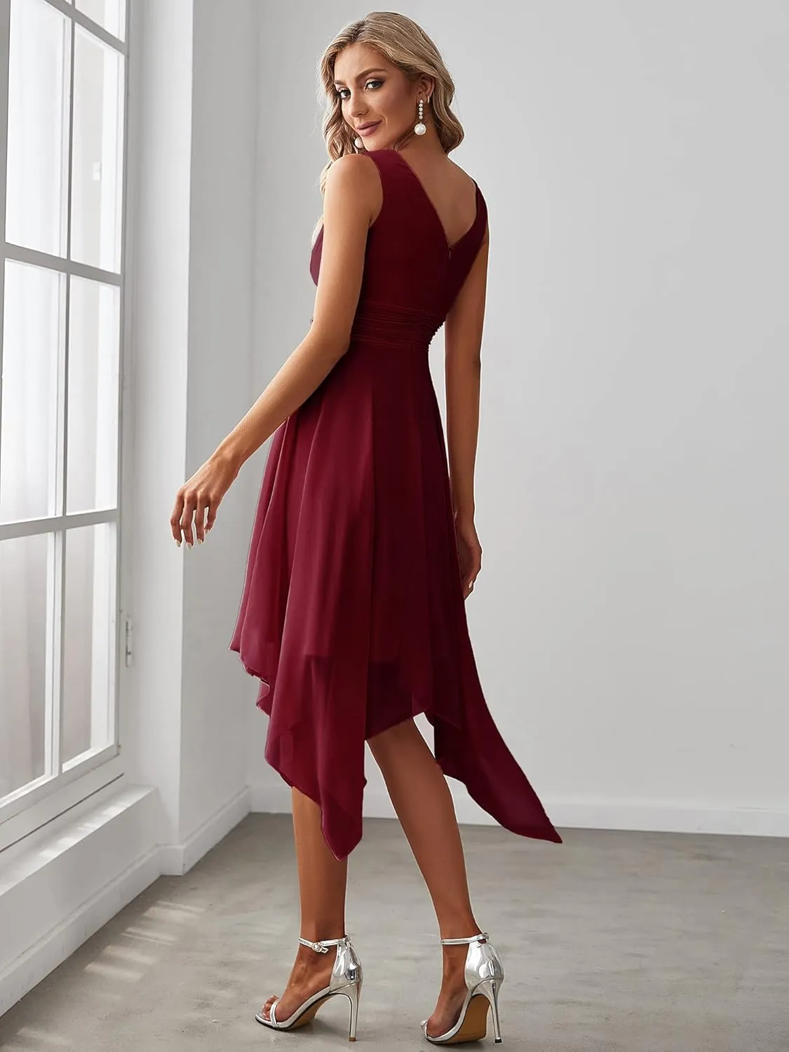 Ever-Pretty Women's V Neck Pleated Waist Sleeveless Wedding Guest Dress Chiffon Irregular Hem Cocktail Dresses 03142