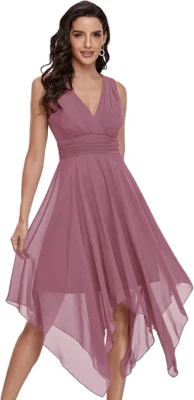 Ever-Pretty Women's V Neck Pleated Waist Sleeveless Wedding Guest Dress Chiffon Irregular Hem Cocktail Dresses 03142