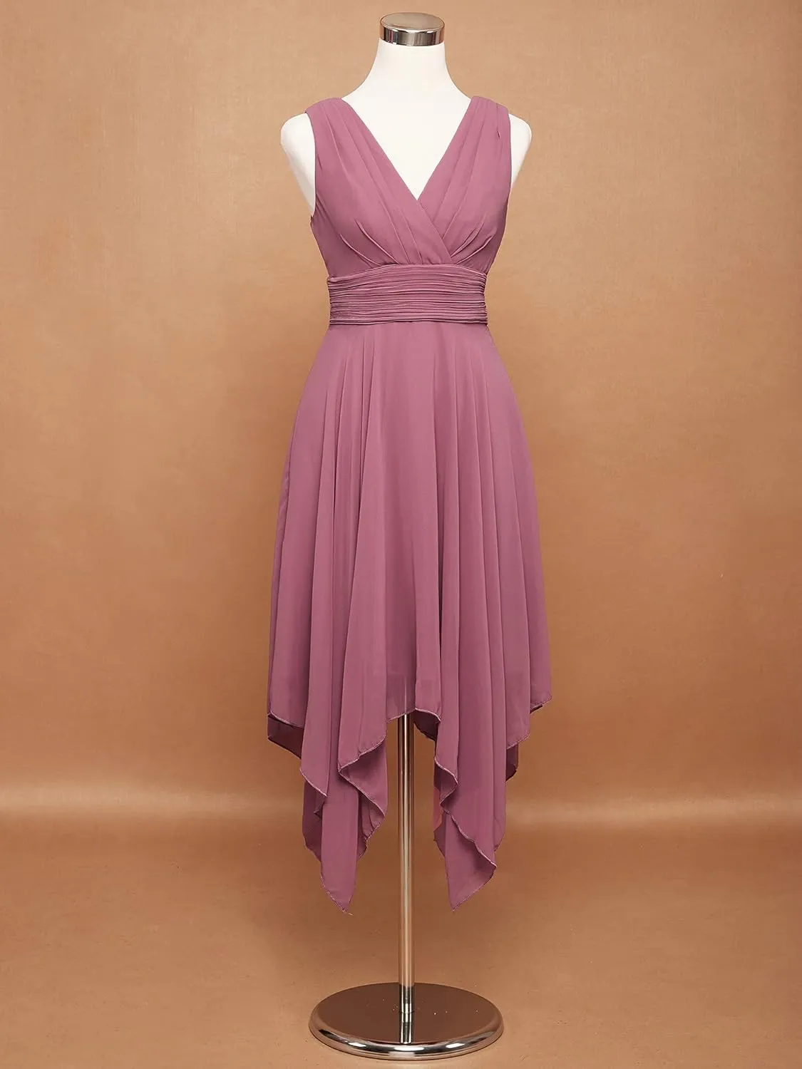 Ever-Pretty Women's V Neck Pleated Waist Sleeveless Wedding Guest Dress Chiffon Irregular Hem Cocktail Dresses 03142