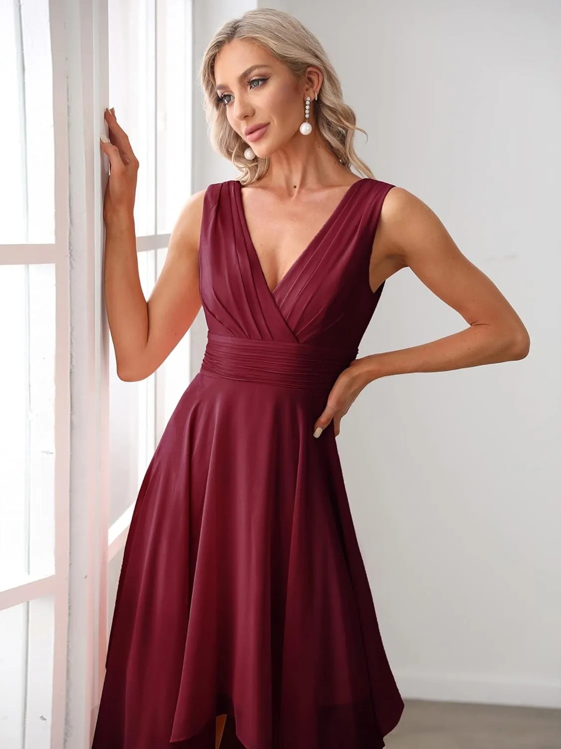 Ever-Pretty Women's V Neck Pleated Waist Sleeveless Wedding Guest Dress Chiffon Irregular Hem Cocktail Dresses 03142