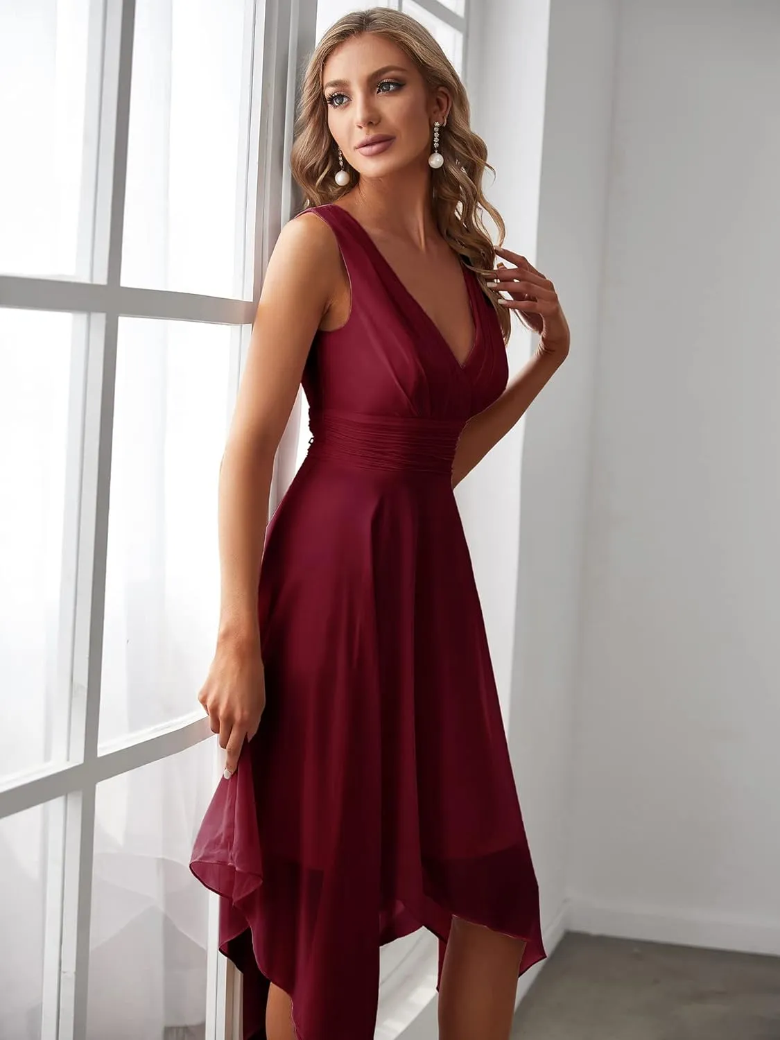 Ever-Pretty Women's V Neck Pleated Waist Sleeveless Wedding Guest Dress Chiffon Irregular Hem Cocktail Dresses 03142