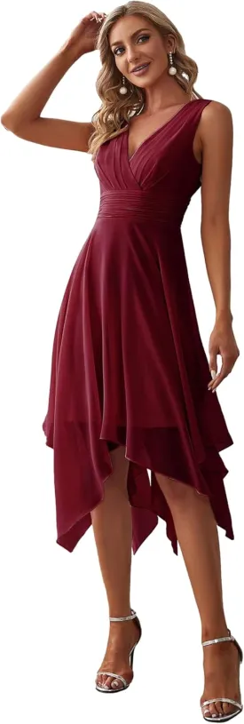 Ever-Pretty Women's V Neck Pleated Waist Sleeveless Wedding Guest Dress Chiffon Irregular Hem Cocktail Dresses 03142