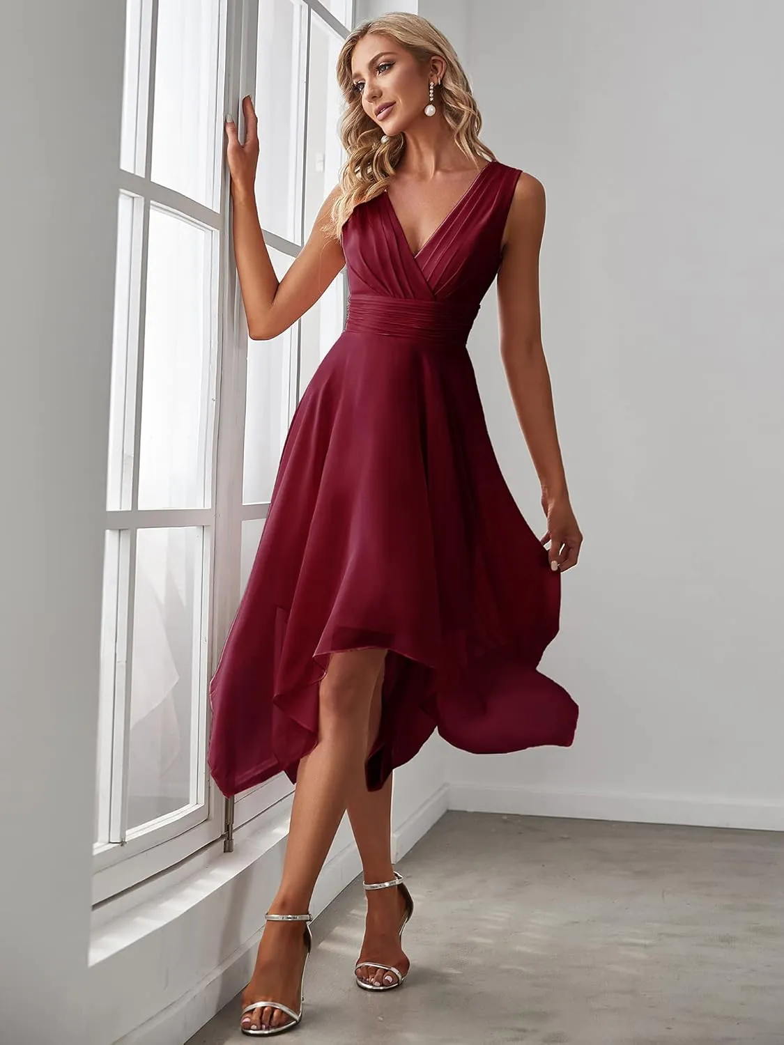 Ever-Pretty Women's V Neck Pleated Waist Sleeveless Wedding Guest Dress Chiffon Irregular Hem Cocktail Dresses 03142