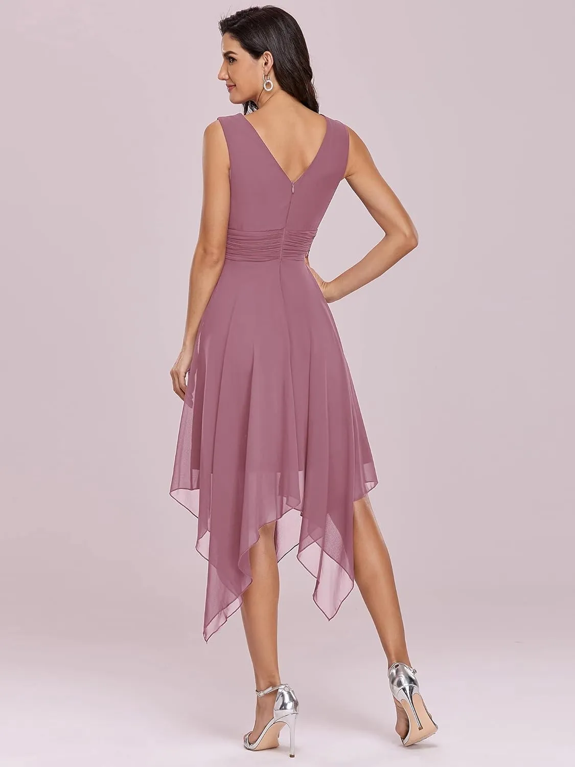 Ever-Pretty Women's V Neck Pleated Waist Sleeveless Wedding Guest Dress Chiffon Irregular Hem Cocktail Dresses 03142