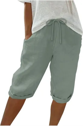 Fashionable Cotton Linen Capris Pants for Women Lounge Drawstring Stretch Loose Fit Shorts Plus Size Beach Outdoor Wear