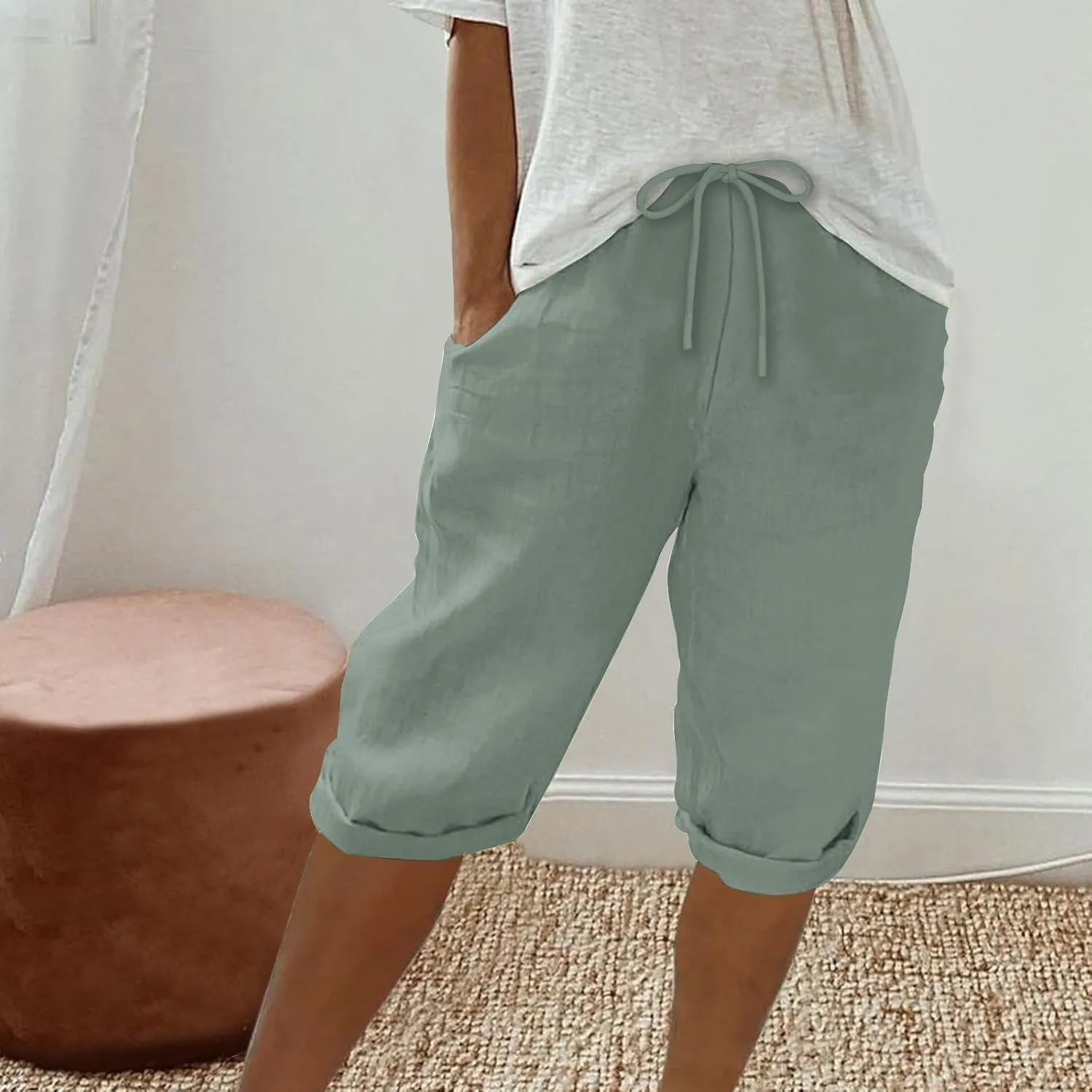 Fashionable Cotton Linen Capris Pants for Women Lounge Drawstring Stretch Loose Fit Shorts Plus Size Beach Outdoor Wear