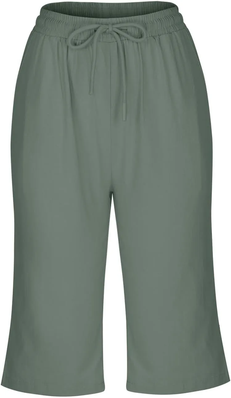 Fashionable Cotton Linen Capris Pants for Women Lounge Drawstring Stretch Loose Fit Shorts Plus Size Beach Outdoor Wear