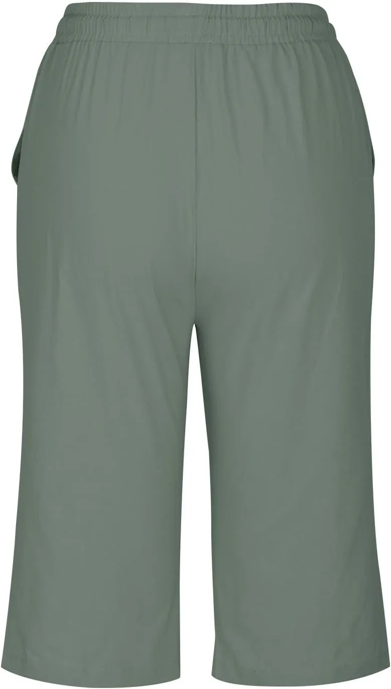 Fashionable Cotton Linen Capris Pants for Women Lounge Drawstring Stretch Loose Fit Shorts Plus Size Beach Outdoor Wear