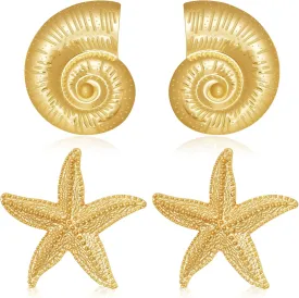 Gold Statement Earrings Seashell Starfish Conch Stud Ocean Sea Scallop Shell Vintage Boho Ocean Jewelry Beach Summer Earrings Stud for Women