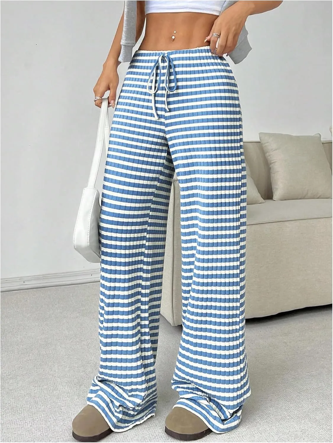 GORGLITTER Women's Bow Tie Stacked Baggy Sweatpants Striped Wide Leg Lounge Pants Comfy Pajama Pants