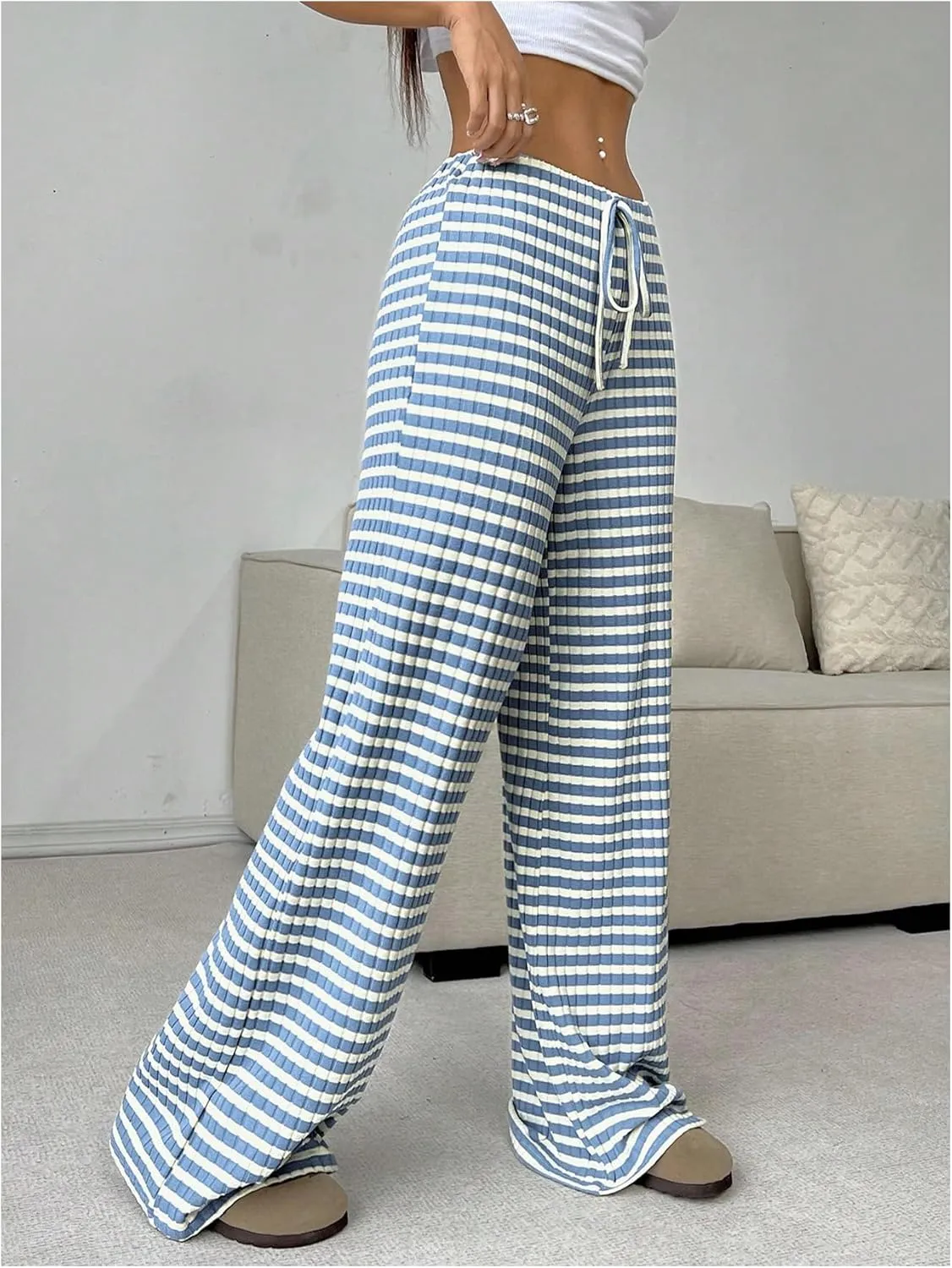 GORGLITTER Women's Bow Tie Stacked Baggy Sweatpants Striped Wide Leg Lounge Pants Comfy Pajama Pants