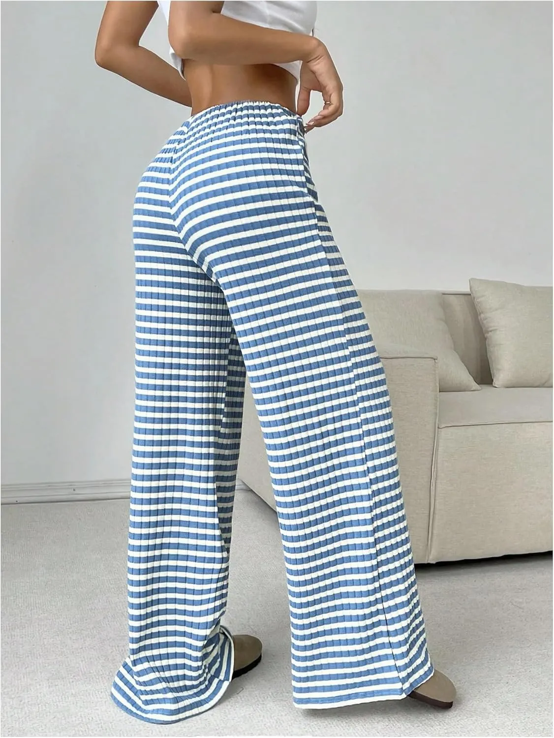 GORGLITTER Women's Bow Tie Stacked Baggy Sweatpants Striped Wide Leg Lounge Pants Comfy Pajama Pants
