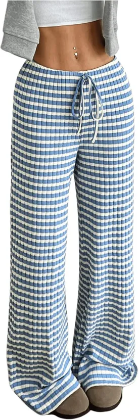 GORGLITTER Women's Bow Tie Stacked Baggy Sweatpants Striped Wide Leg Lounge Pants Comfy Pajama Pants