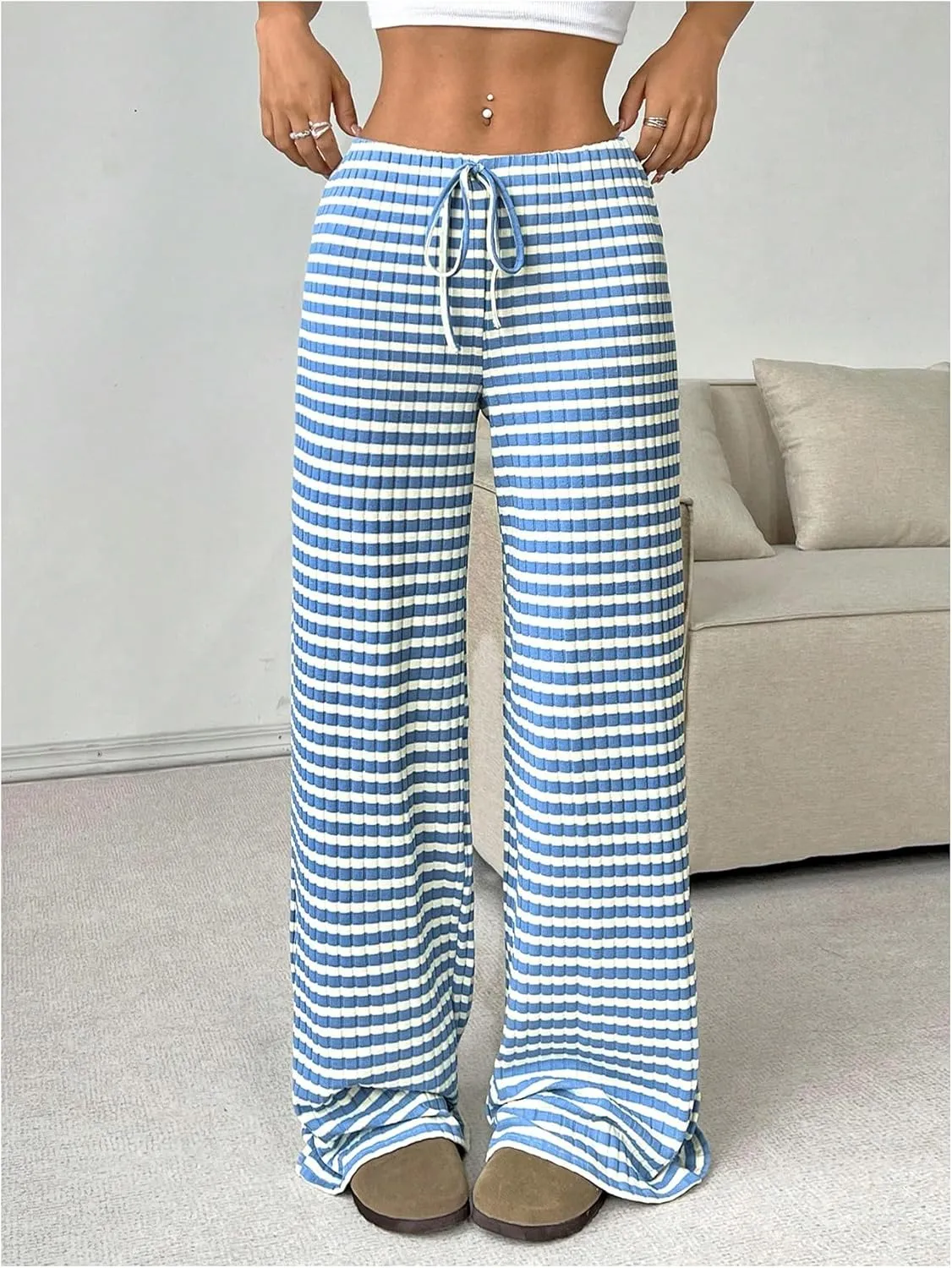 GORGLITTER Women's Bow Tie Stacked Baggy Sweatpants Striped Wide Leg Lounge Pants Comfy Pajama Pants