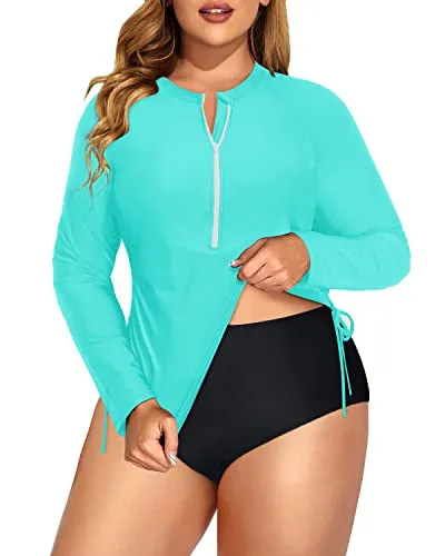 Half Zip Long Sleeve Rash Guard Two Piece Plus Size Swimsuit Set-Aqua And Black