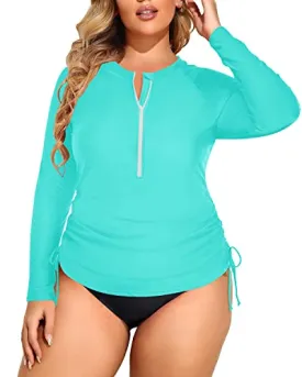 Half Zip Long Sleeve Rash Guard Two Piece Plus Size Swimsuit Set-Aqua And Black