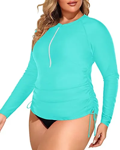 Half Zip Long Sleeve Rash Guard Two Piece Plus Size Swimsuit Set-Aqua And Black