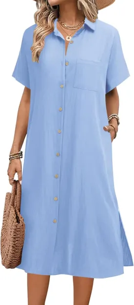 HOTOUCH Womens Dress Summer Casual Midi Short Sleeve Button Down Shirt Dresses Loose Beach Cover Up with Pockets