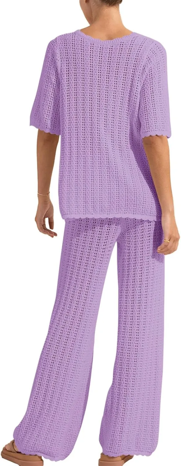 Imily Bela Women's Summer 2 Piece Swimsuit Cover up Crochet Knit Cardigan Tops Long Pants Set Bathing Suit Beach Outfit