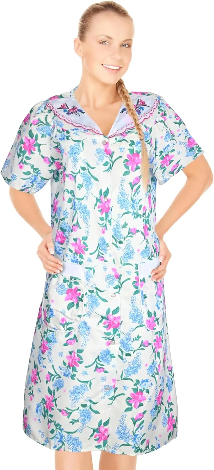 JEFFRICO Womens Snap Front Housecoat Lounger Duster House Dress Short Sleeve Robe