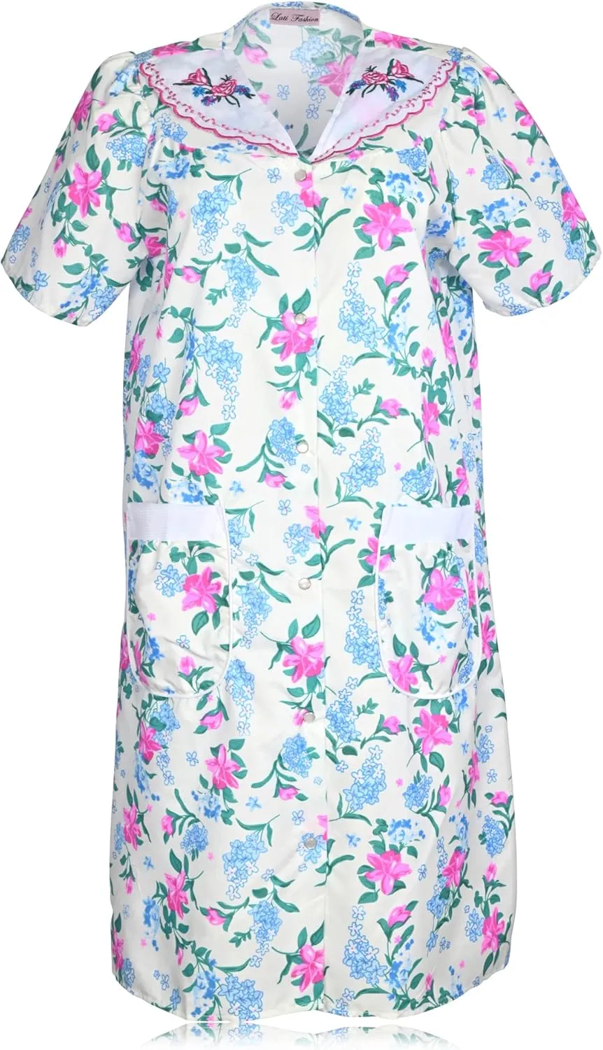JEFFRICO Womens Snap Front Housecoat Lounger Duster House Dress Short Sleeve Robe